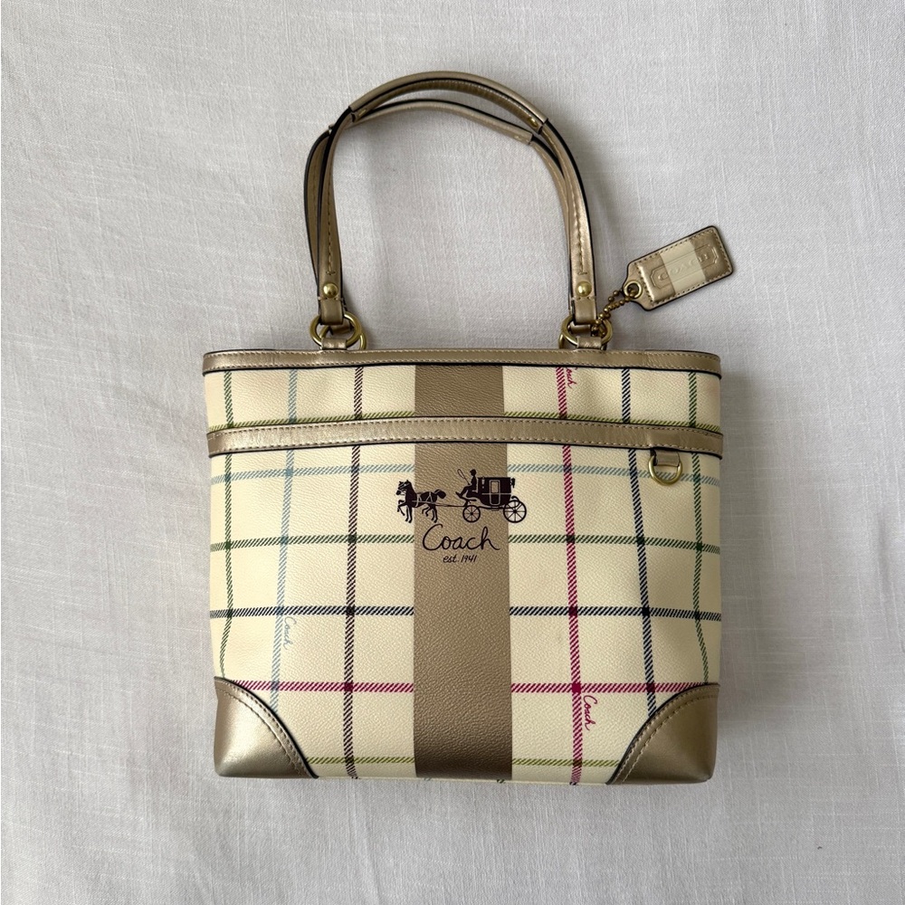 Coach Plaid with Gold Leather Shoulder Purse